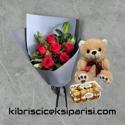 6 Kırmızı Gül Buketi Ayıcık ve Çikolata