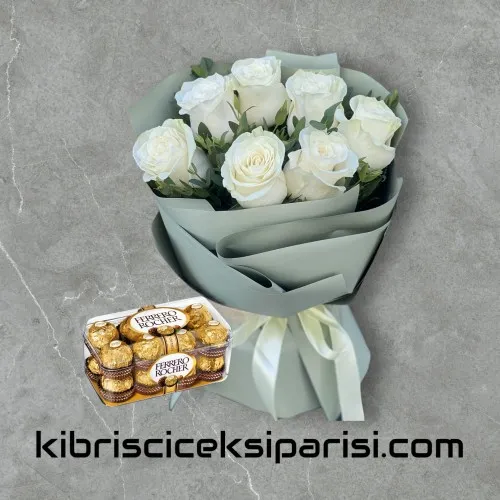 7 Beyaz Gül Buketi ve Çikolata
