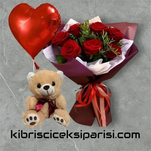 7 Kırmızı Gül Buketi Ayıcık ve Balon