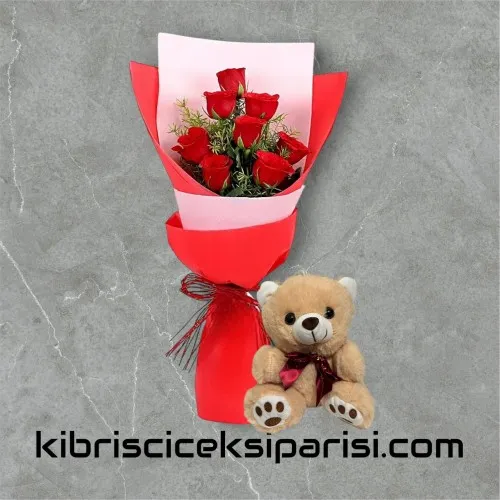 8 Kırmızı Gül Buketi ve Ayıcık