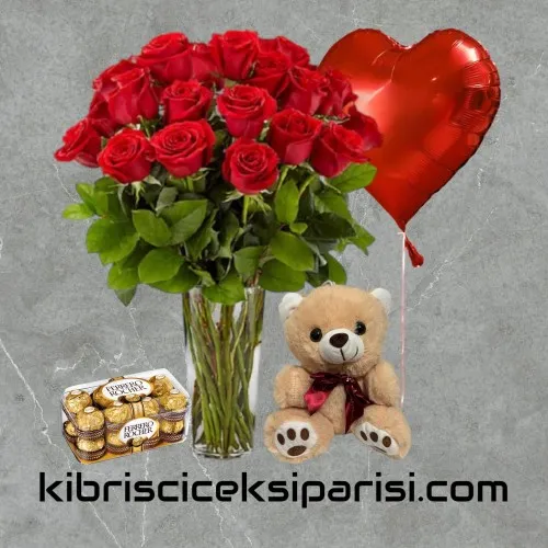 Vazoda 21 Kırmızı Gül Balon Çikolata Ayıcık