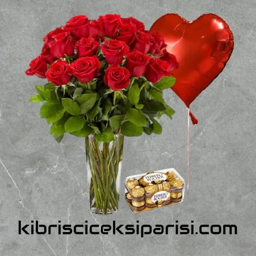 Vazoda 21 Kırmızı Gül Balon ve Çikolata