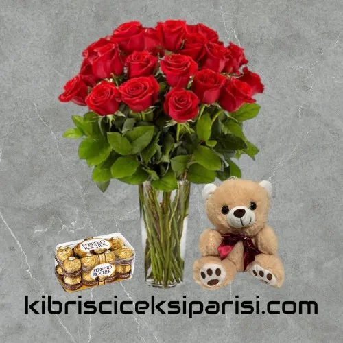 Vazoda 21 Kırmızı Gül Çikolata ve Ayıcık