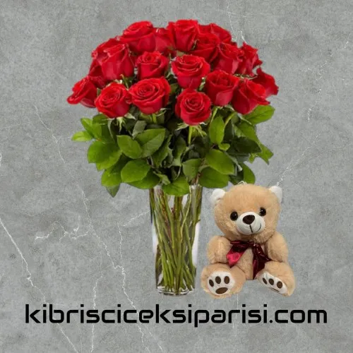 Vazoda 21 Kırmızı Gül ve Ayıcık