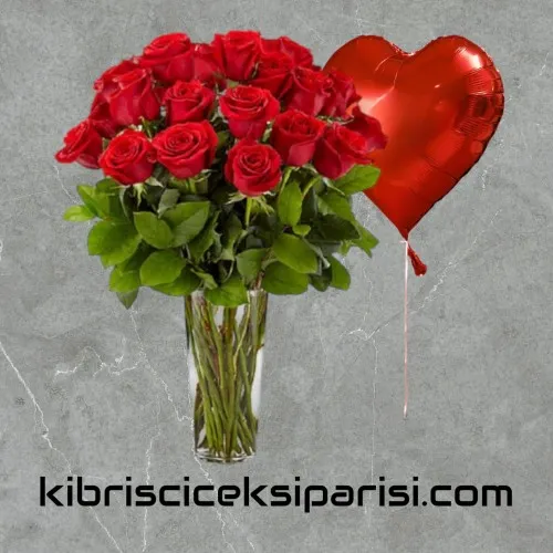 Vazoda 21 Kırmızı Gül Ve Balon