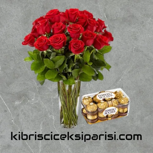 Vazoda 21 Kırmızı Gül ve Çikolata