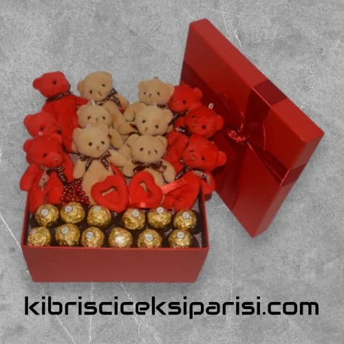 Büyük Boy Dörtgen Kutuda 12 Ayıcık ve 12 Çikolata