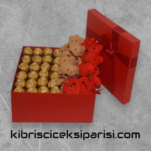 Büyük Boy Dörtgen Kutuda 8 Ayıcık ve 24 Çikolata